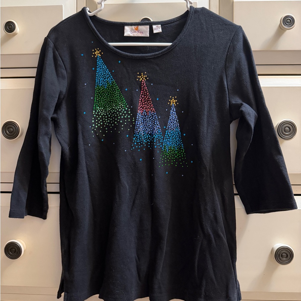 Quacker Factory Black Long Sleeve Shirt with Colorful Tree Design